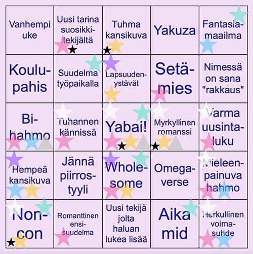 Bingokortti. Mikään muu osuma ei toistaiseksi pysty haastamaan Yabaita, jolla on jo 6 osumaa, mutta Wholesome ja Non-con tulevat perässä kumpikin neljällä osumalla. Onko Maaretin lukemisto enemmän wholesome vai enemmän non-con? Bingokortti. Mikään muu osuma ei toistaiseksi pysty haastamaan Yabaita, jolla on jo 6 osumaa, mutta Wholesome ja Non-con tulevat perässä kumpikin neljällä osumalla. Onko Maaretin lukemisto enemmän wholesome vai enemmän non-con? Se selvinnee ennen pitkää!