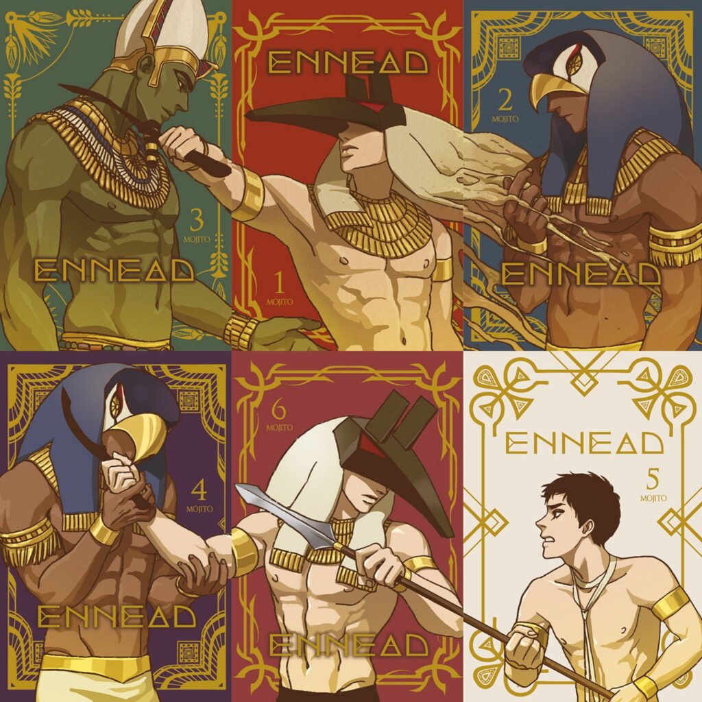 Enneadin printtijulkaisun kannet muodostuvat kahdesta kolmen kannen kuvasarjasta, joissa kussakin kannessa on yksi hahmo. Kansissa 1-3 Seth uhkaa Osirista, joka kurottaa kättään hipeltämään Sethin Sethin lantiota, ja Horus hipeltää Sethin hiekaksi muuttuvaa päähinettä. Kansissa 4-6 Seth nappaa kiinni keihäästä, jolla hänen poikansa Anubis uhkaa häntä. Ja Horus hipeltää tällä kertaa Sethin nyrkissä olevaa kättä.